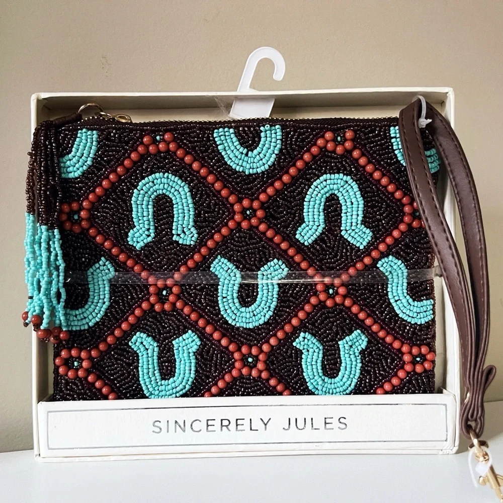 Sincerely Jules Boho Beaded Wristlet - Brown and Turquoise Western Vacation